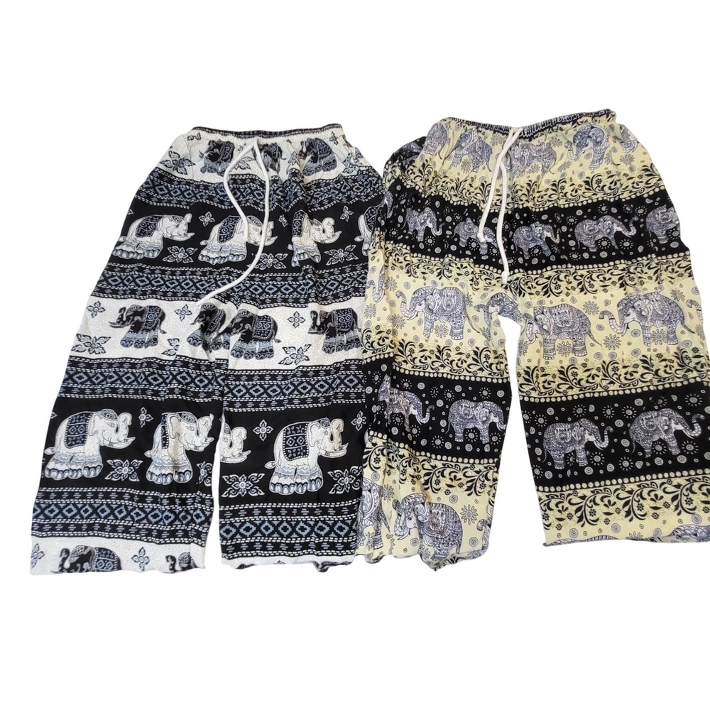 2 Pair Elephant Print Harem Pants Bundle Black Yellow Boho Yoga Joggers Small